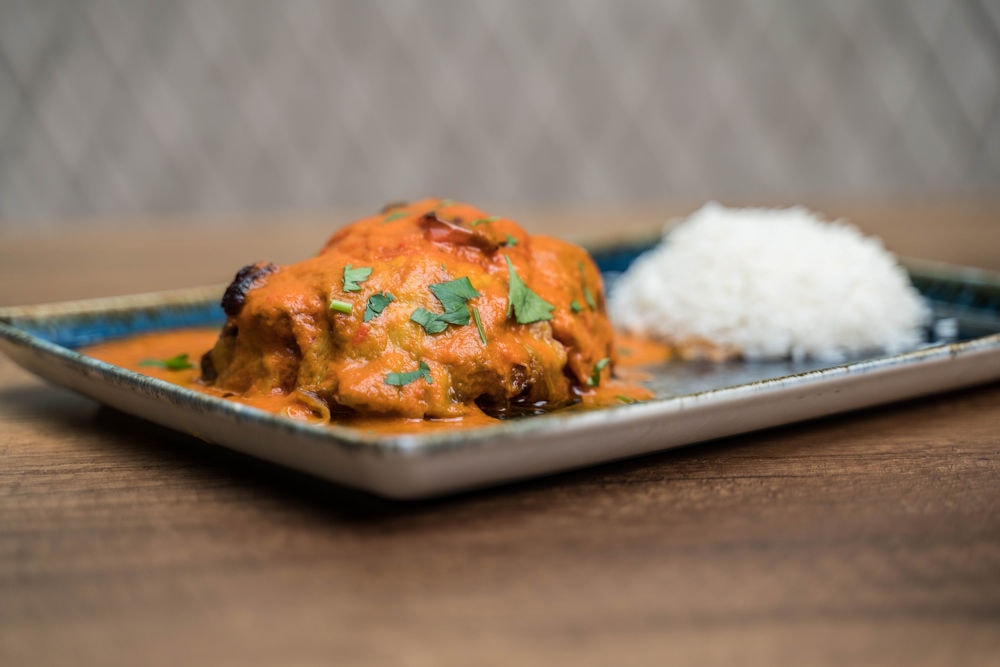 Braised chicken in tomato sauce with steamed rice
